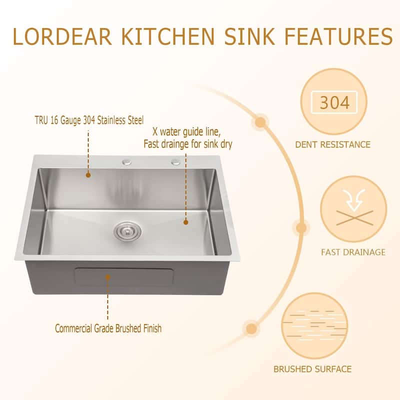 15/25 inch Topmount Drop-in Stainless Steel Single Bowl Kitchen Sink