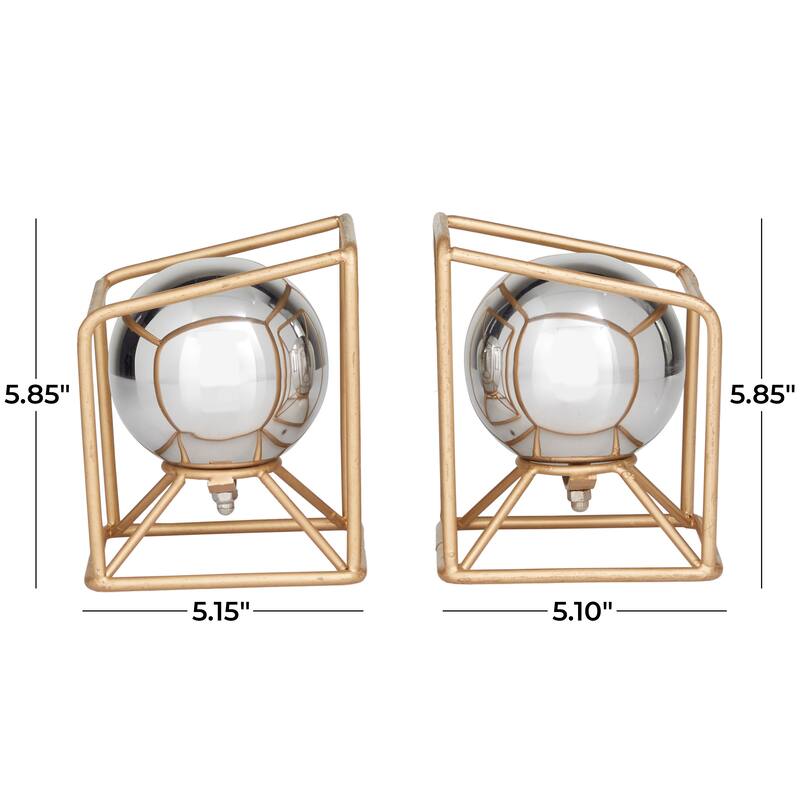 Silver Stainless Steel Orb Geometric Bookends with Gold Base - 5.10W x 5.15 L x 5.85H