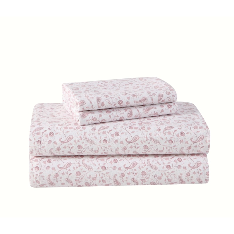 Laura Ashley Cotton Flannel Deep Pocket Sheet & Pillowcase Set - Paisley Prance Pink - Twin