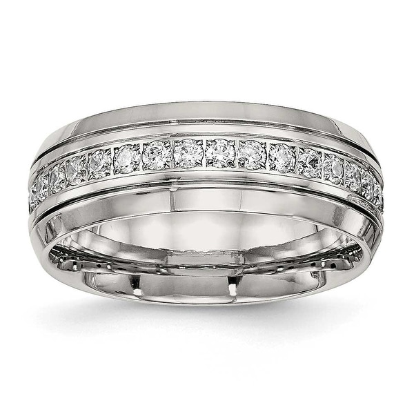 Stainless Steel Polished Half Round Grooved CZ Ring (8 mm) - Sizes 6 - 13