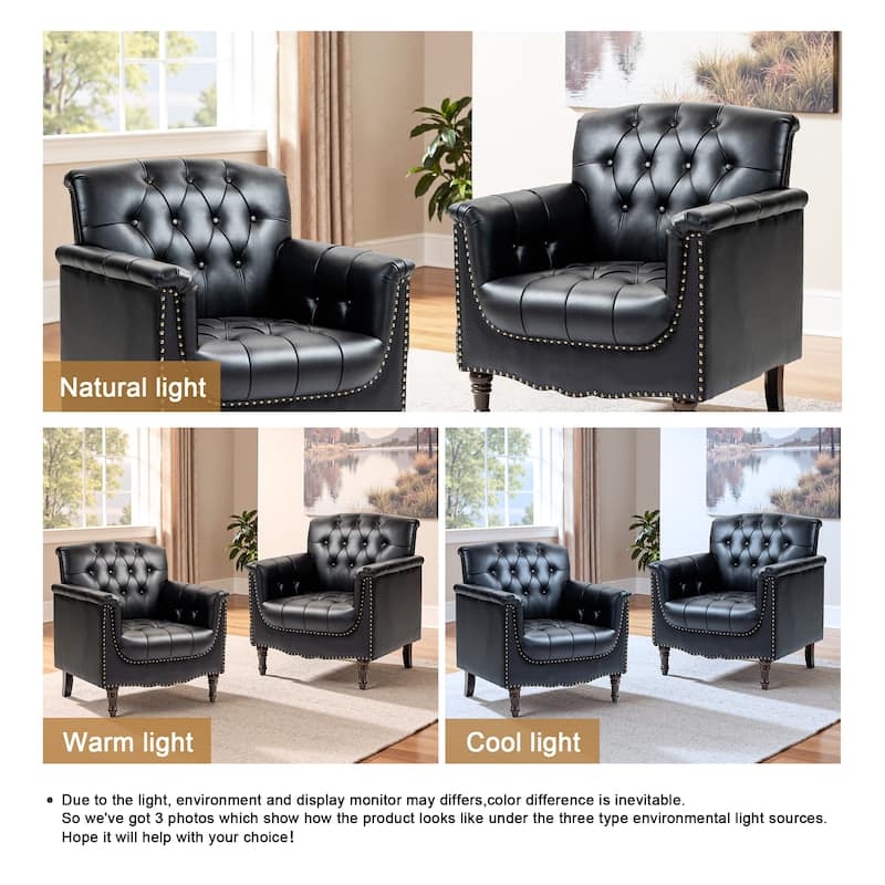 Set of 2 Tufted Vegan Leather Armchairs with Nailhead Trim and Wood Frame