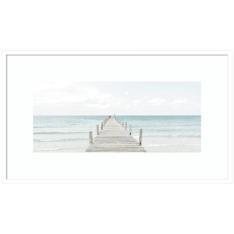 Kate and Laurel Wooden Pier On The Beach by Amy Peterson Framed Wall Art Print - 41 x 24 - White