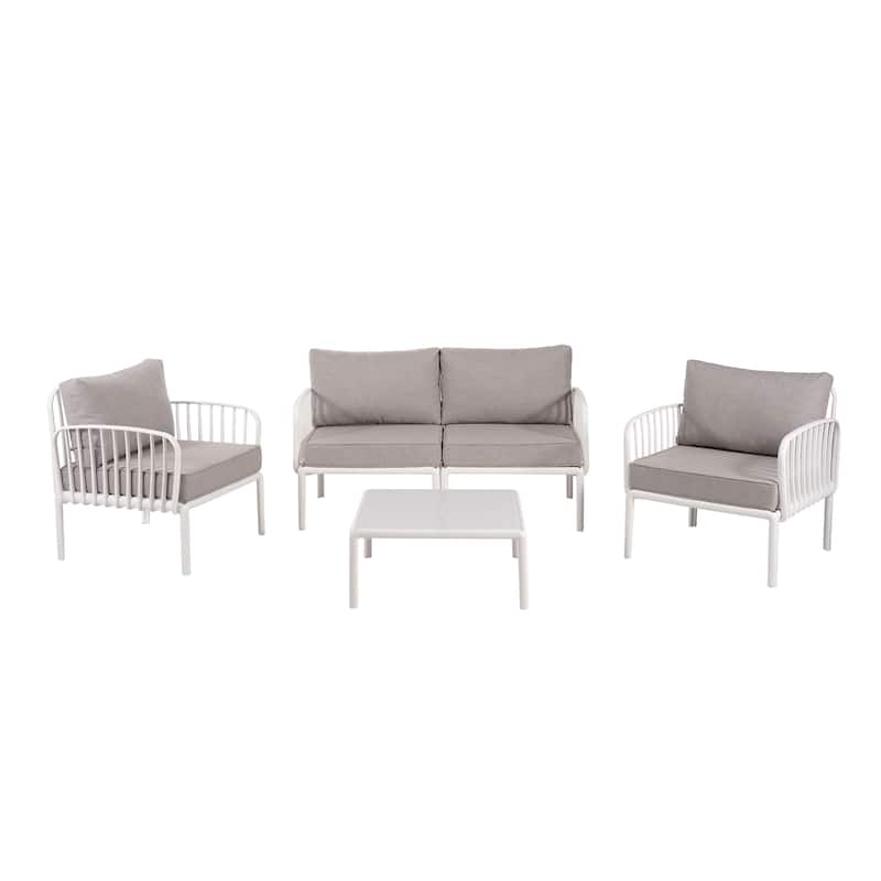 5 Piece Modular Patio Conversation Sofa Set All Weather Outdoor Sectional Sofa Set with Square Coffee Table - White+gray