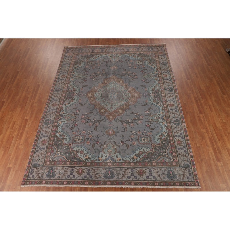 Overdyed Blue Tabriz Persian Vintage Rug Hand-Knotted Wool Carpet - 9'6"x 12'8"