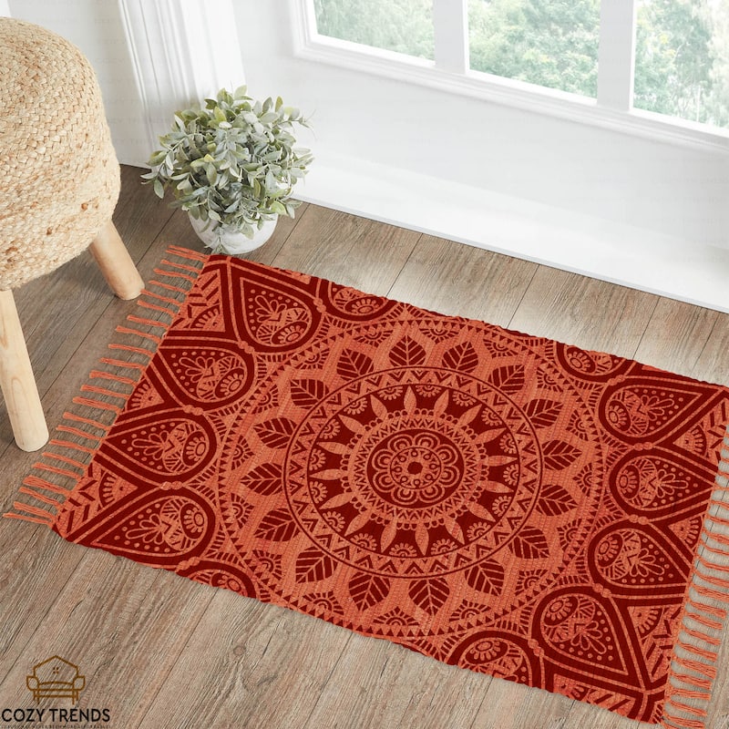 Authentic Hand-Woven Indian Cotton Rug 24''x36'' - Washable, Reversible, and Timelessly Stylish - 2'x3' - Rust