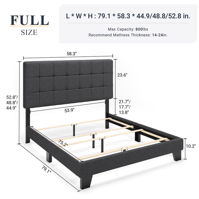 Full Panel Bed Frame with Adjustable Headboard for High Profile/Fabric Upholstered/Square Stitched Padded Headboard