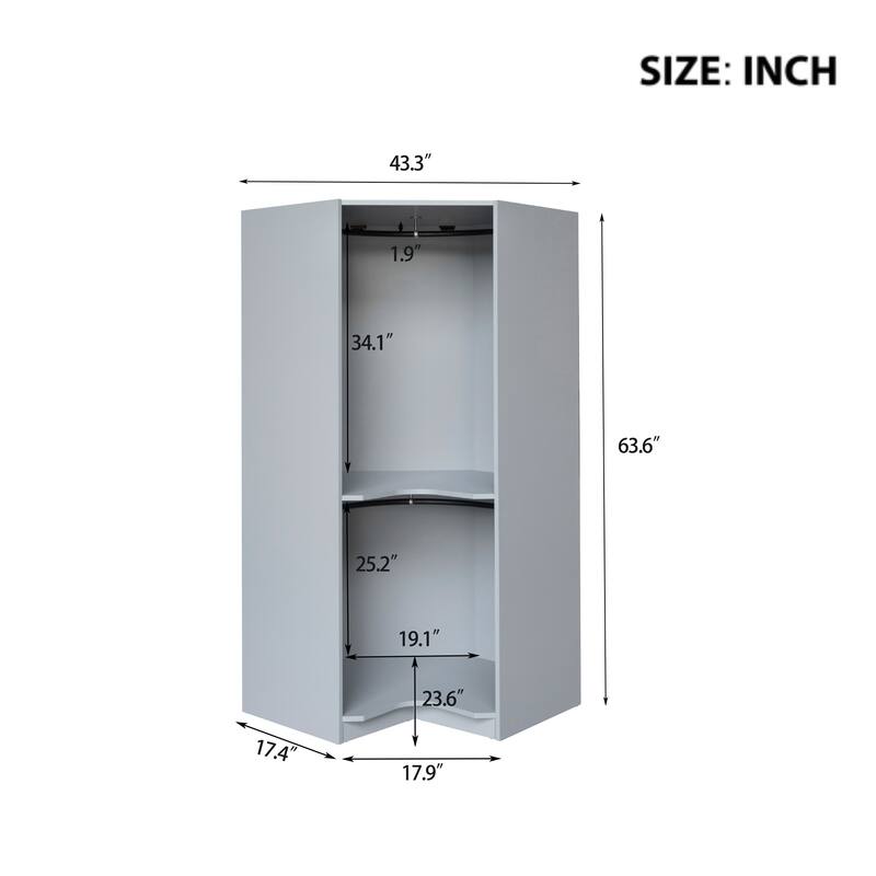 Polygonal Corner Wardrobe Armoire with Clothes Rail, Bedroom Wooden Wardrobe Storage Closets, Open Wardrobe for Bedroom