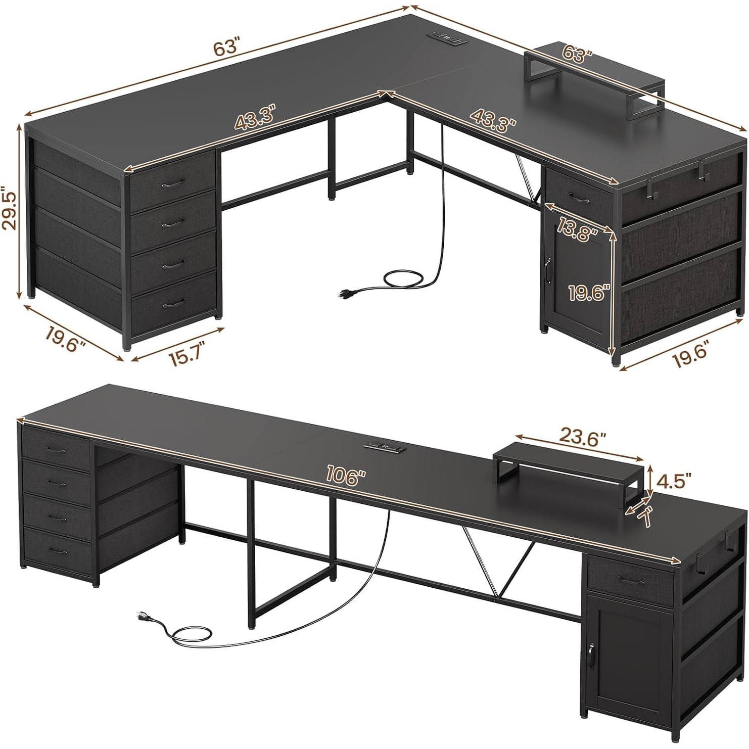 L Shaped Gaming Desk with Storage and Power Outlet