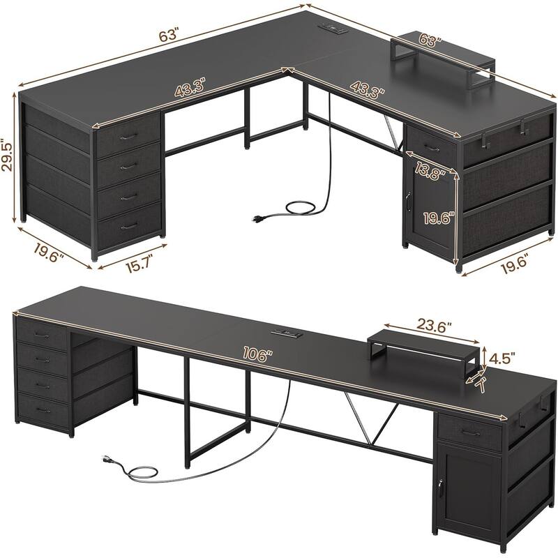 L Shaped Computer Desk 5 fabric Drawers Gaming Desk Storage Shelf