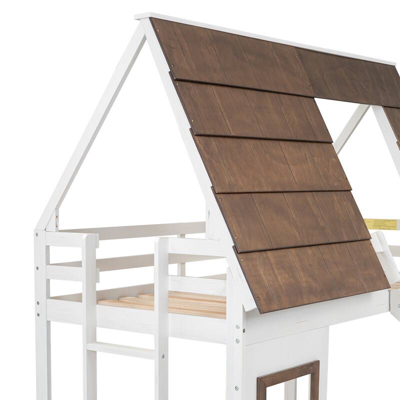 Wood House Bunk Bed with Roof