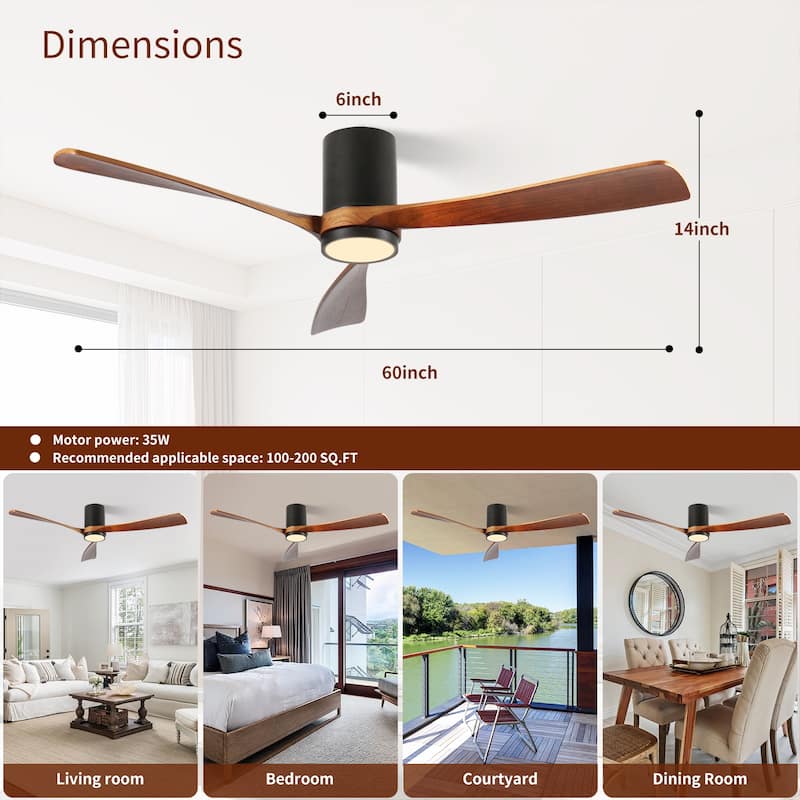 60 inch. LED Indoor/Outdoor Flush Mount Matte Black Ceiling Fan with Wood Blades, 6-Speed DC Remote Control
