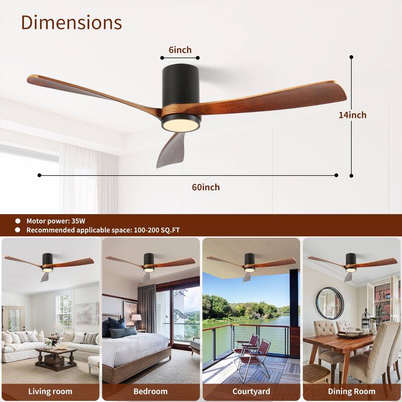 Indoor/Outdoor Flush Mount Ceiling Fan with Light & Remote Control, Rustic Wood Ceiling Fan, 6-Speed Reversible DC Motor Fan