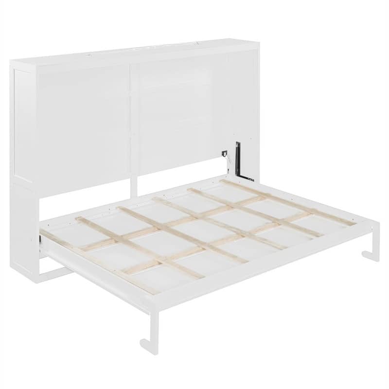 Queen Size Murphy Bed Wall Bed with LED Lights, Folding Murphy Bed Cabinet, Space Saving Design Murphy Chest Bed