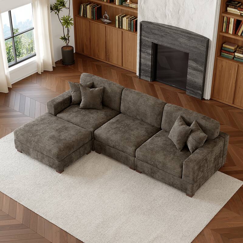 Oversized Chenille Modular Sectional Sofa Living Room Set with Ottoman - Camel/4 Piece