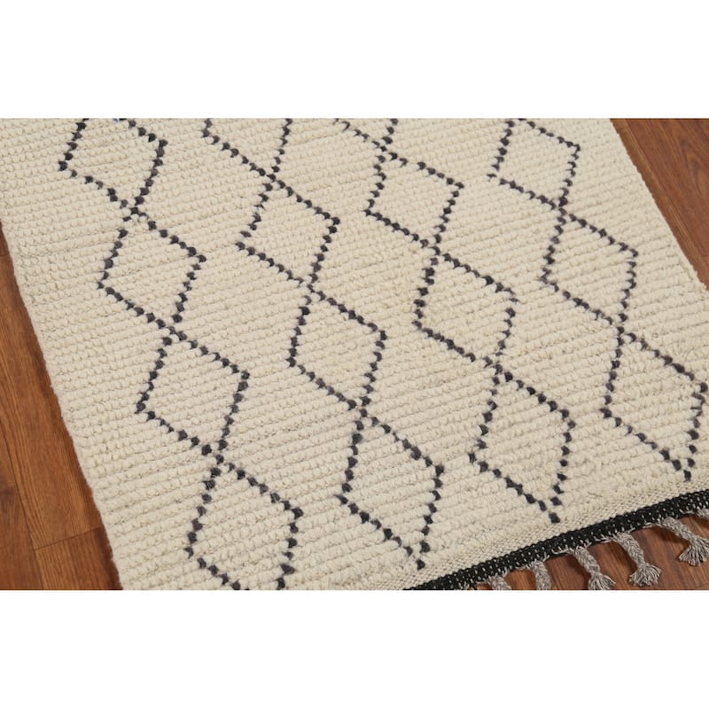 Ivory Trellis Moroccan Modern Runner Rug Handmade Wool Carpet - 2'5"x 12'7"