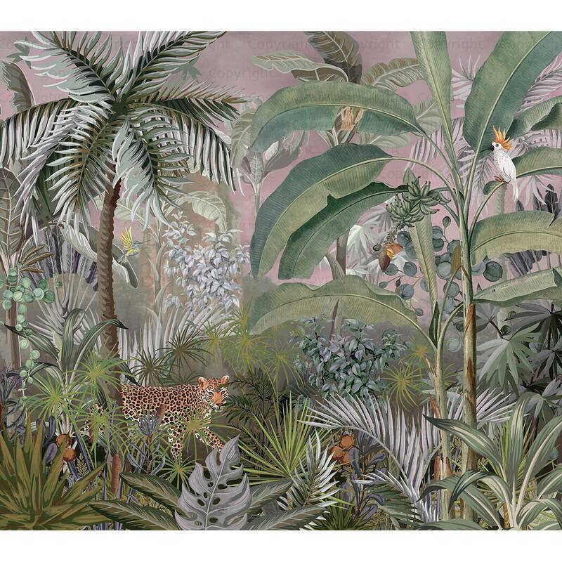 Jungle Adventure Vibrant Wildlife Wallpaper Mural with Lush Greenery - Pink - W:131" x H:118"