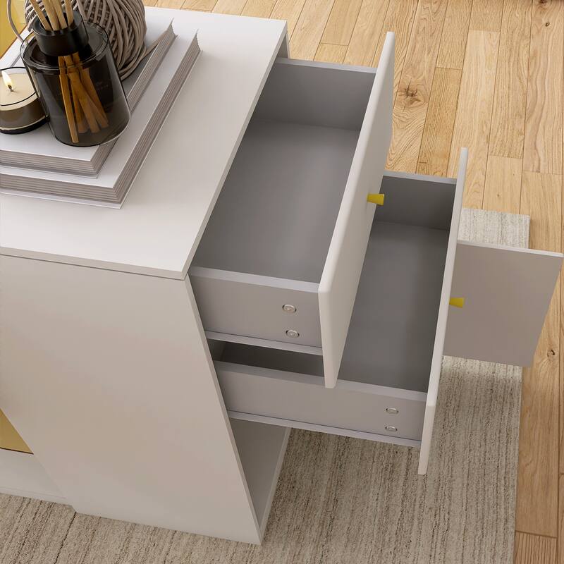 Cream White 6 drawer 60.40 in. Wide Dresser with Glass Tabletop