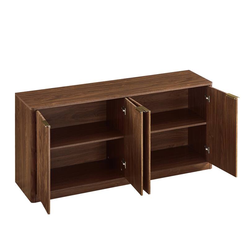 Anmytek 59 Inch Fluted Sideboard with Adjustable Shelves and Gold Handles Walnut Finish Buffet Cabinet