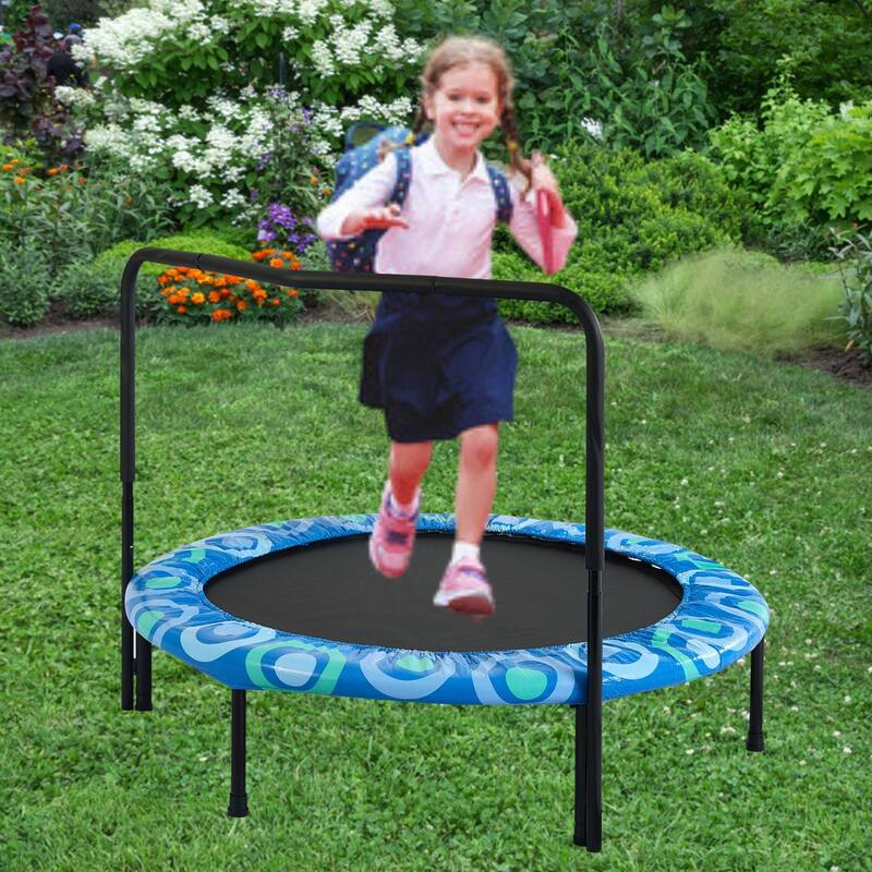Kids Trampoline - Assembled Design, Happy Expression Theme, Indoor Outdoor Fun - Blue - 48.03