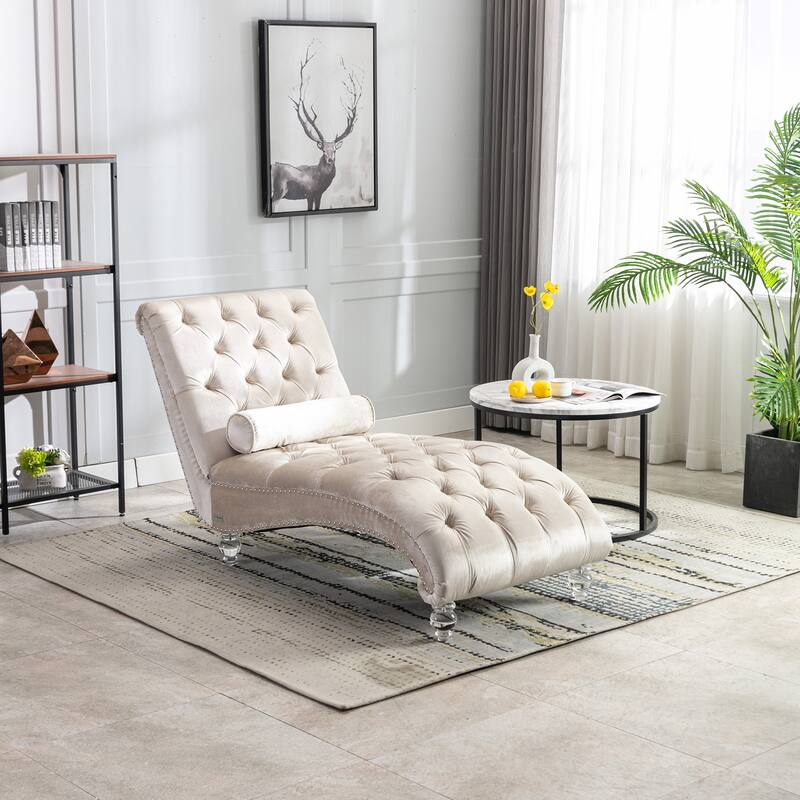 Beige 63.98" Buttons Tufted Chaise Lounge Chair with Pillow - Beige