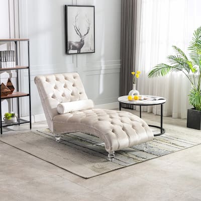 Beige 63.98" Buttons Tufted Chaise Lounge Chair with Pillow
