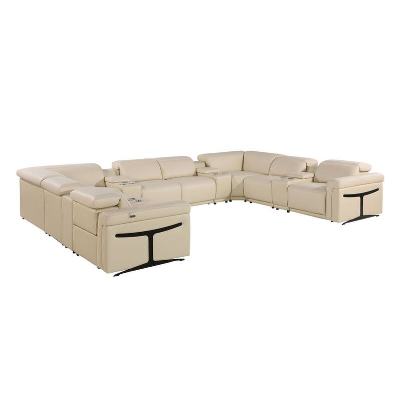 HomeRoots Beige Italian Leather Power Reclining U Shaped Twelve Piece Sectional With Console