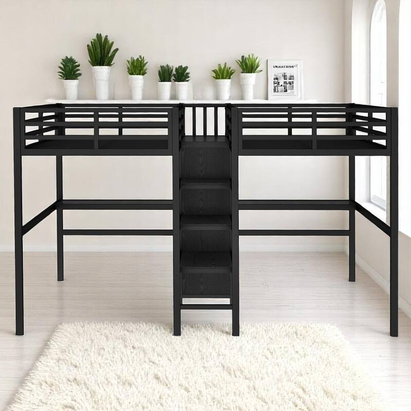 Twin Over Twin Metal Loft Bed with Dual Desks, Wardrobe, Charging Ports & Storage Shelves, Space-Saving Design for Kids & Teens