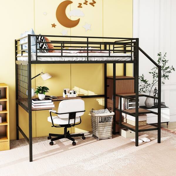 Artsy Full Size Metal Loft Bed with Desk and Metal Grid, Stylish Metal Frame Bed with Lateral Storage Ladder and Wardrobe, White