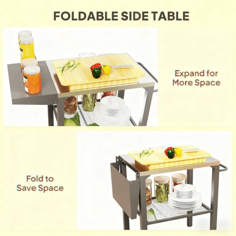 GDFStudio Outdoor Aleron Stainless Steel Three-Shelf Outdoor Grill Cart Table with Hooks