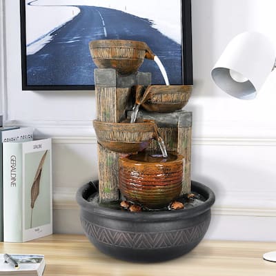4-Tier Indoor Tabletop Waterfall Fountain with Lights, Resin Water Feature