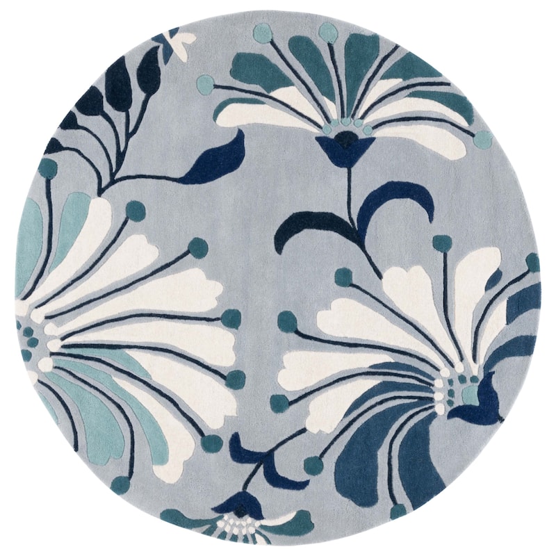 SAFAVIEH, Handmade Soho Renada Floral N.Z. Wool Rug - 6' Round - Blue/Ivory