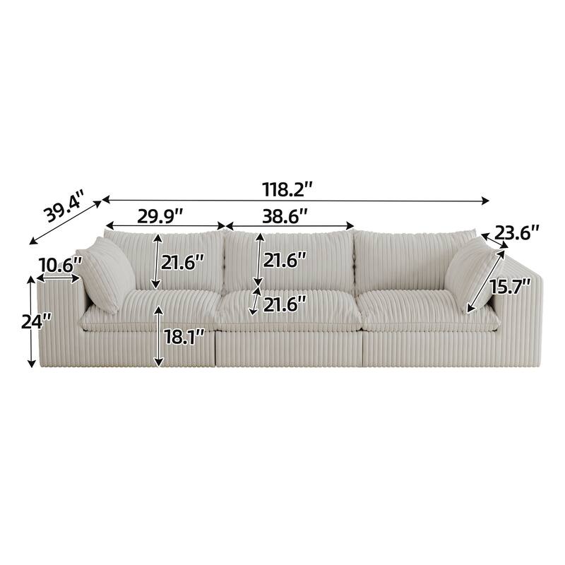 Pure Sponge Frame Lounge Sofa 3 Seater Corduroy Upholstered Modular Couch with Removable Down Fill Cushions and Pillows