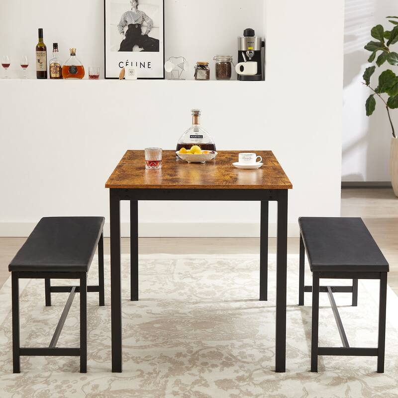 VECELO 3-Piece Dining Table Set with 2 Benches, 63" Extendable Kitchen Table & Chairs Set for 4-8, Dining Room Table
