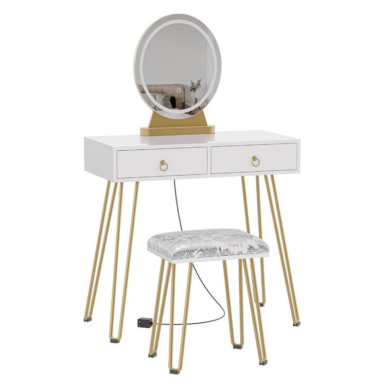 Vanity Makeup Table with Touch Light Mirror, Drawers - White