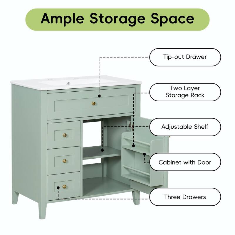 Bathroom Vanity with Sink, Modern MDF and Rubberwood Cabinet with 3 Drawers and Adjustable Shelf