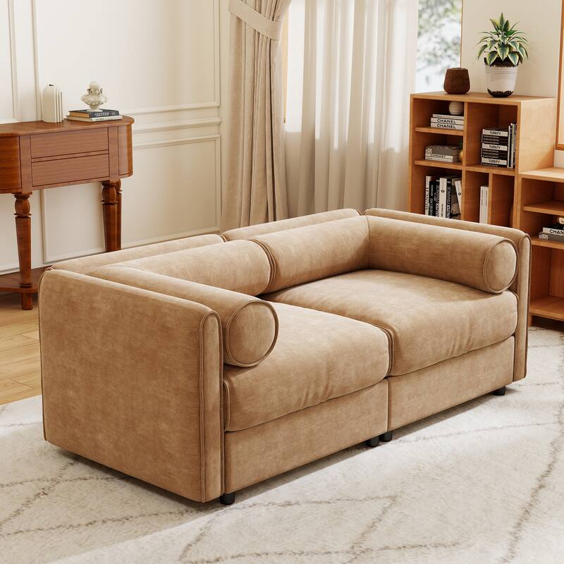 Modern Chenille 6-Seater Sofa with Ottoman Storage, Hidden Storage, Cylindrical Cushioned Arms and Backrest
