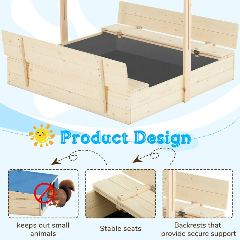 EROMMY Kids Wooden Sandbox with 2 Foldable Bench Seats and Adjustable Canopy Roof