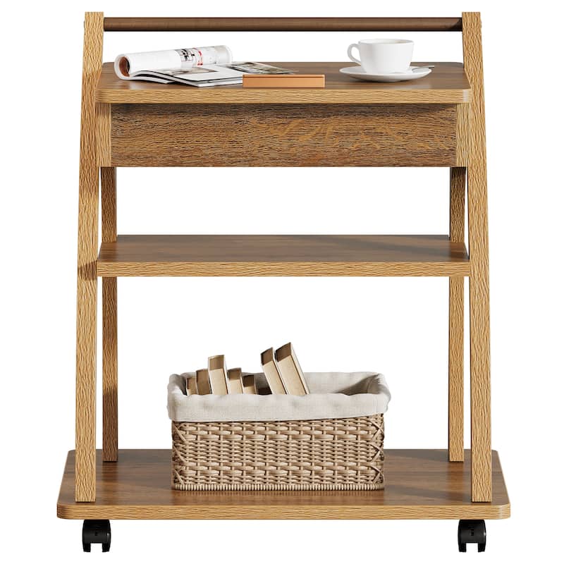 Side Table with Wheels, 3-Tier End Table with Adjustable Tabletop