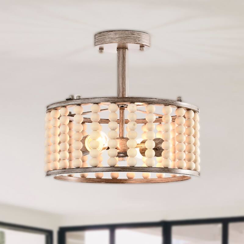 Silas 14 Inch Drum Shape Bead Semi Flush Mount with 2 Light - Imitation Wood Grain