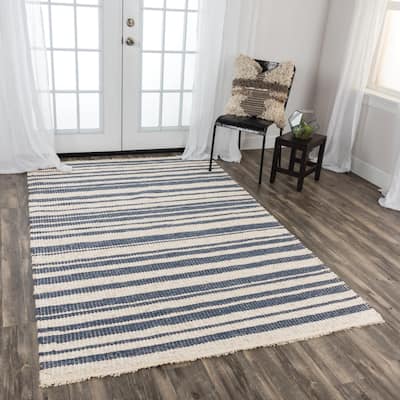 Alora Decor Sun Ivory and Blue Striped Hand-woven Wool Blend Rug
