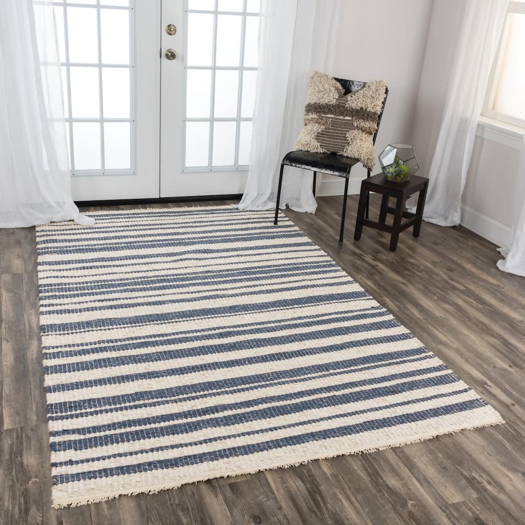 Alora Decor Sun Ivory and Blue Striped Hand-woven Wool Blend Rug