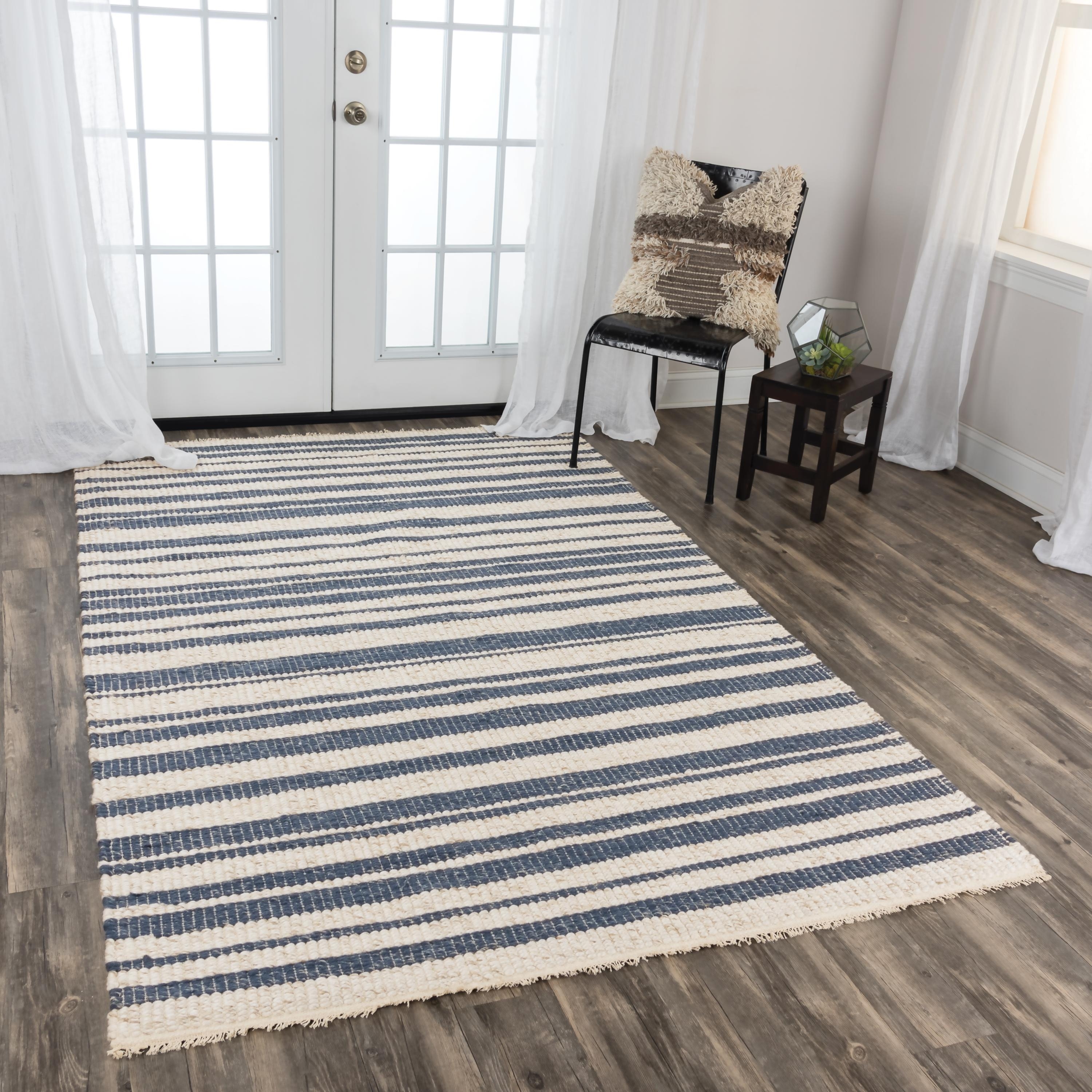 Alora Decor Sun Ivory and Blue Striped Hand-woven Wool Blend Rug