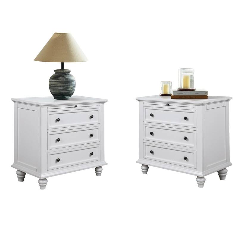 Modern 3-Drawer Nightstand (Set of 2) with Pull Out Tray for Organized Living Spaces