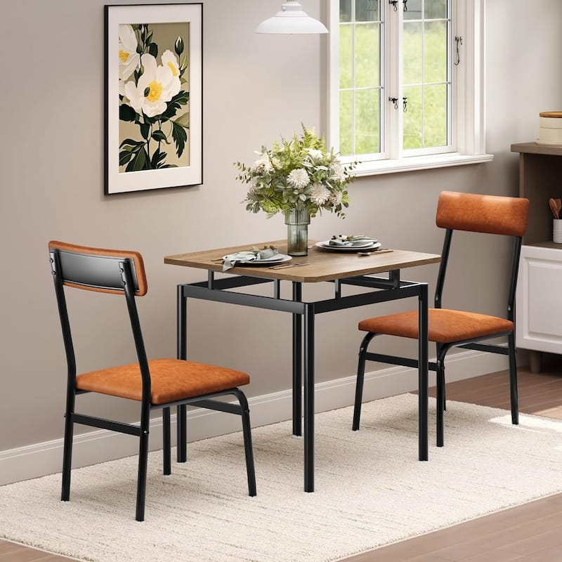 3 Piece Dining Table Set with 2 PU Upholstered Chair for Dining Room, Apartment, Studio