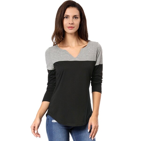 Unique Bargains Women Split V-neck Long Sleeves Color Block T-Shirt. Opens flyout.