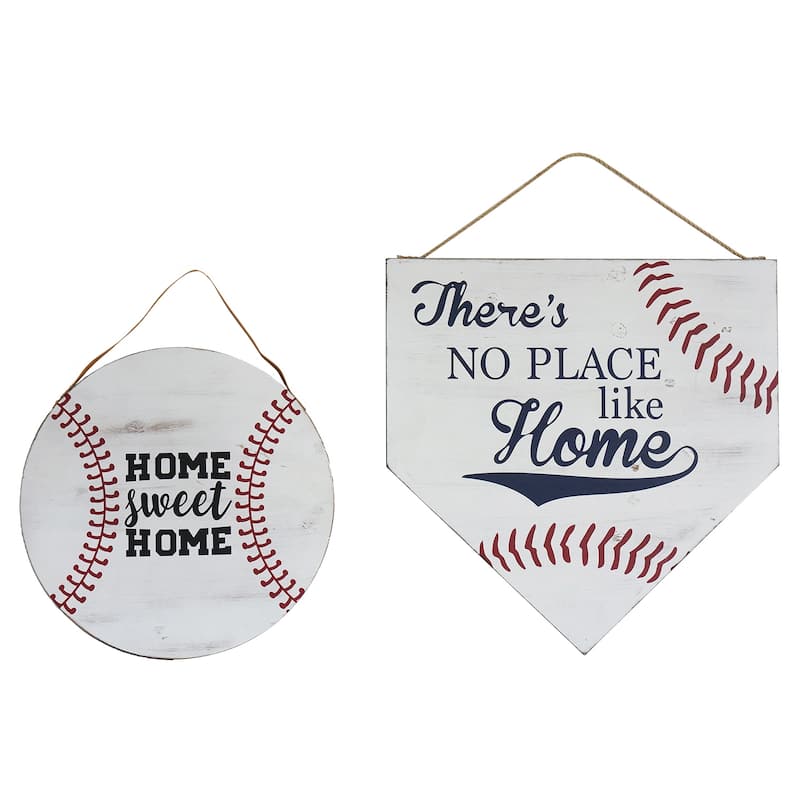 HomeRoots Set of Two 18" X 18" Brown And White Baseball Is Home Wood Wall Decor