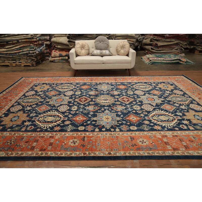 Hand Knotted Oriental 100% Wool Carpet Traditional All-Over Navy Blue & Blues Heriz (serapi) Area Rug - 13' 8'' X 10' 1''