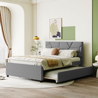 Linen Fabric Platform Bed with Brick Pattern Headboard, with Twin Trundle, Full Size, Grey