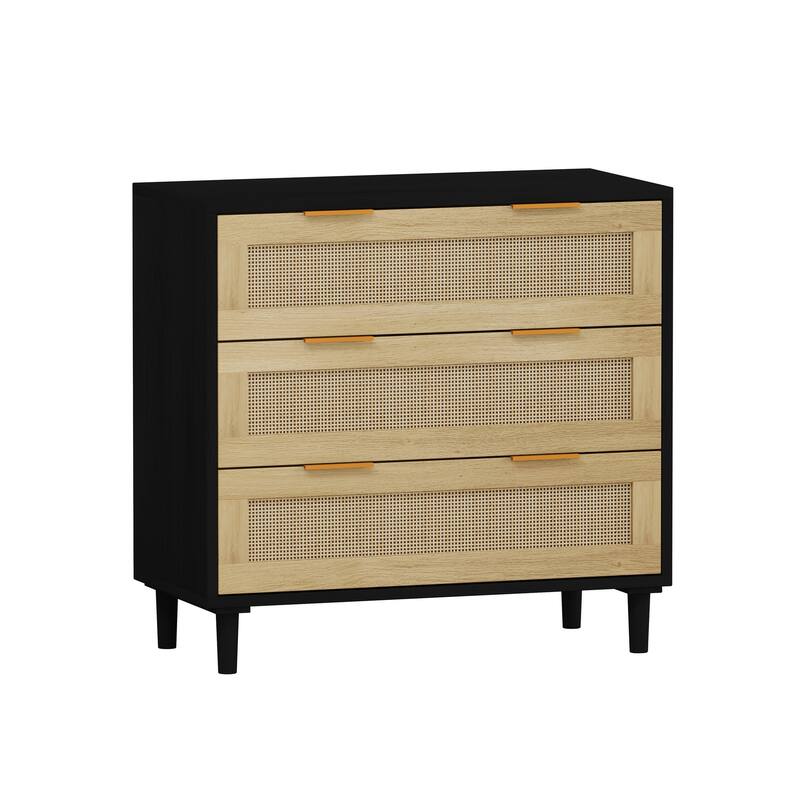 Black 3-Drawer Rattan Storage Cabinet - Versatile for Bedroom, Living Room, Dining Room, and Hallways - Measures 31.50"