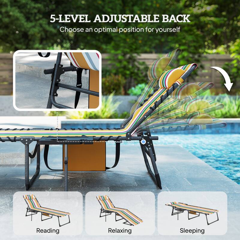 Outsunny Folding Chaise Lounge Chair Outdoor Tanning Chair with Side Table, 5-Level Adjustable Beach Lounge Chair with Headrest